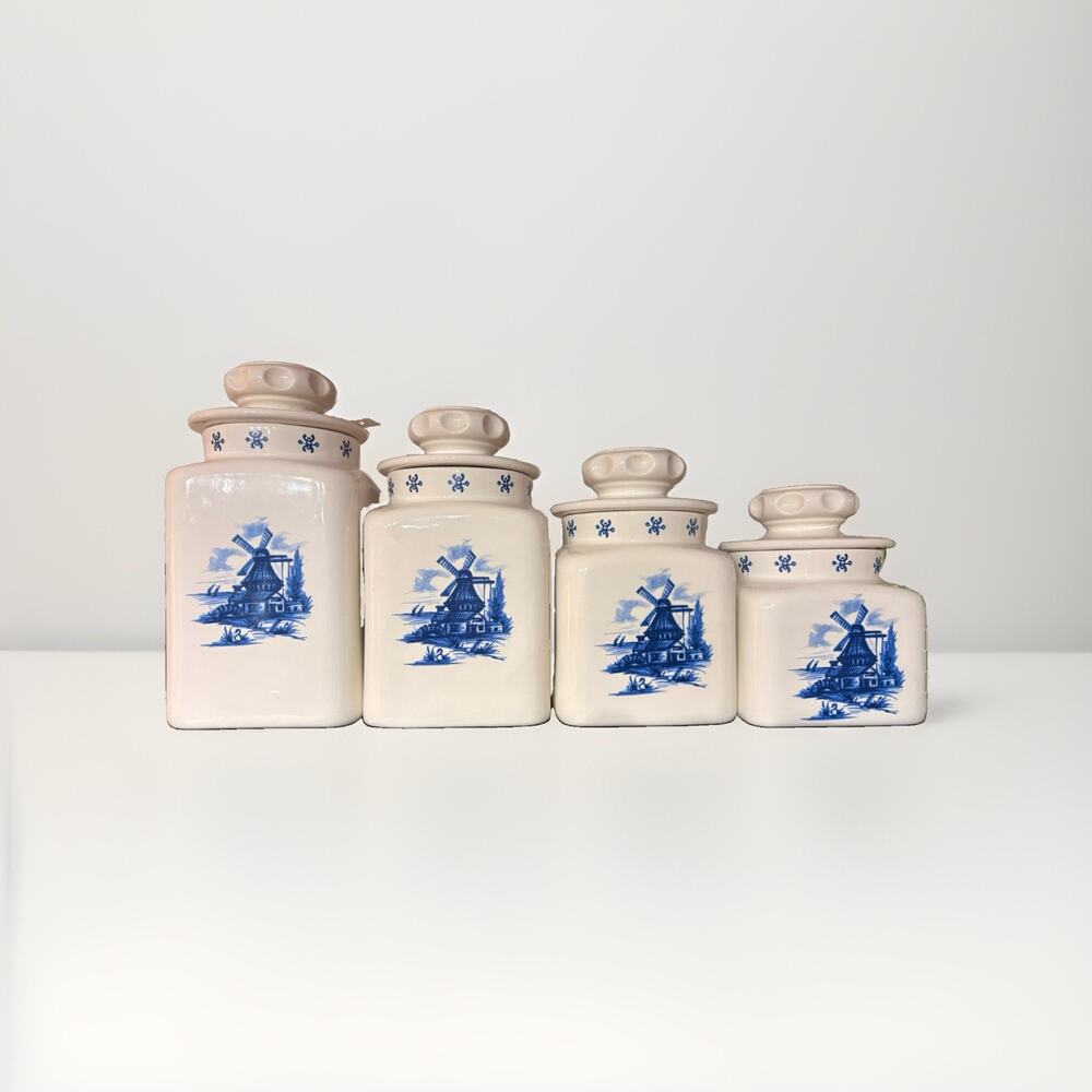 Blue White Windmill Ceramic Canister Set of 4 Graduated Kitchen Storage Jars